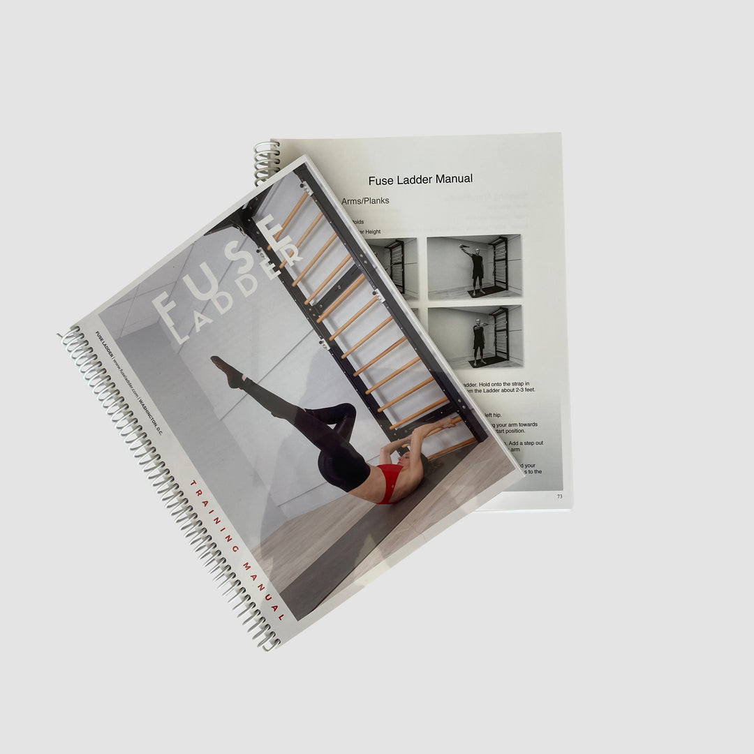 The Fuse Ladder exercise training manual shows peak Pilates exercises, suspension, ladder stretching, barre exercises, and balance training.