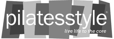 Pilatesstyle logo, gray-tone block background with "pilatesstyle" in white arial font and small "live life to the core" in smaller white italic font