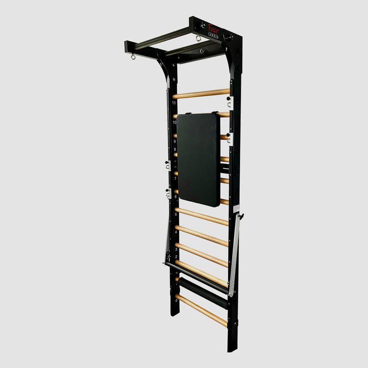 The Fuse Ladder exercise apparatus combines stall bars, springboard, pilates cadillac, pilates tower, resistance, and strength training machine.