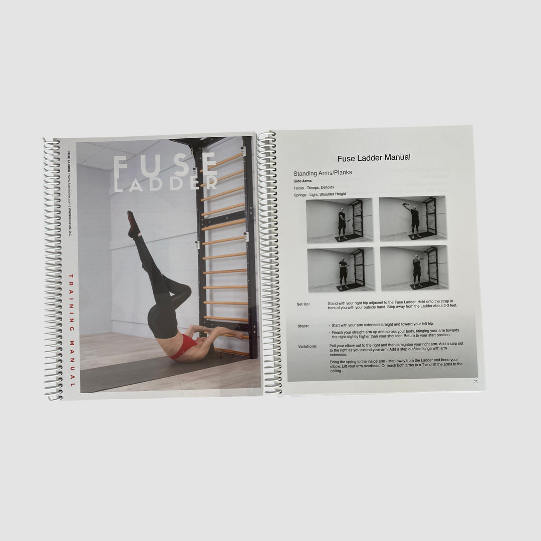 The Fuse Ladder exercise training manual shows stall bar exercises, ladder group class format, and barre and pilates group class training.